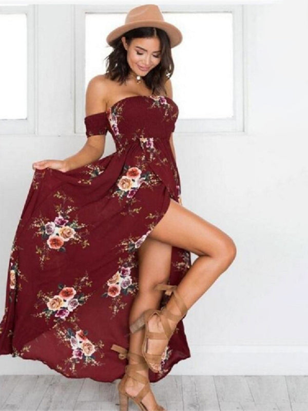 Women's Floral Print Smocked Off-the-shoulder Maxi Dress