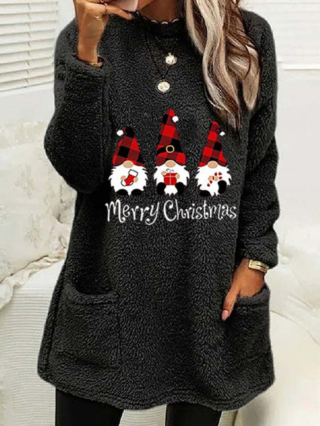 Women's Long Sleeve Casual Round Neck Pullover Pocket Christmas Plush Sweatshirt