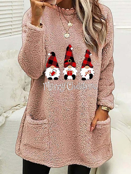 Women's Long Sleeve Casual Round Neck Pullover Pocket Christmas Plush Sweatshirt