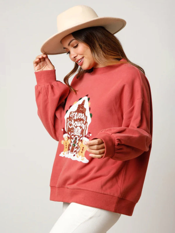 Women's Christmas embroidered sequined pullover sweatshirt