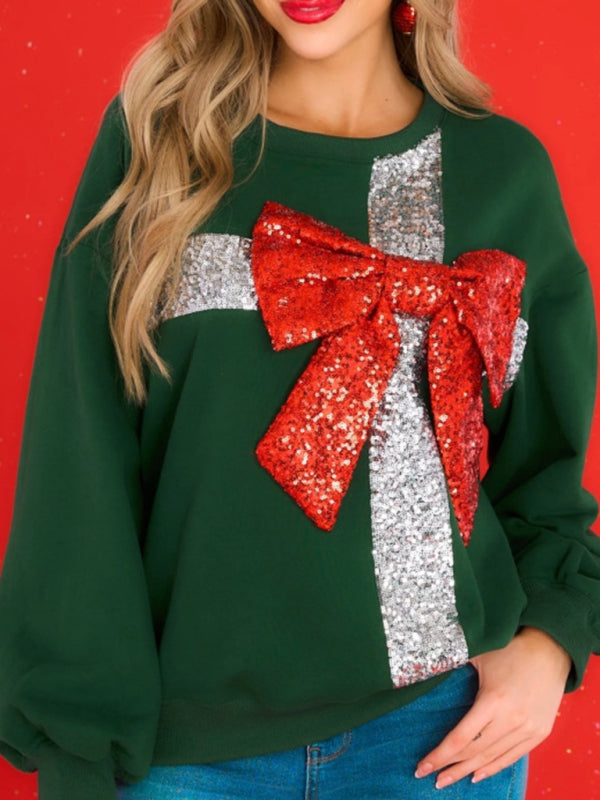 New autumn and winter bow fashion round neck long sleeve sequin splicing Christmas sweatshirt