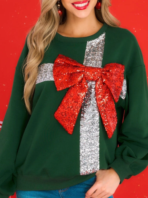 New autumn and winter bow fashion round neck long sleeve sequin splicing Christmas sweatshirt