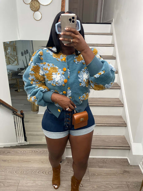 Chic Blossom: The Textured Floral Bomber Jacket & Denim Ensemble