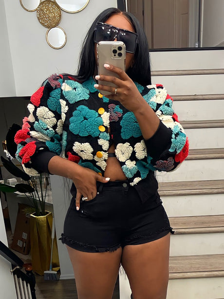 Chic Blossom: The Textured Floral Bomber Jacket & Denim Ensemble
