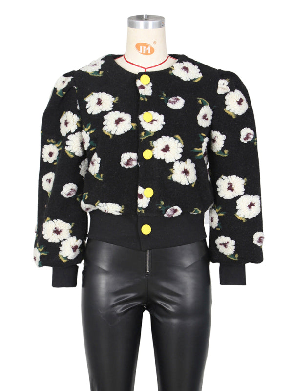 Chic Blossom: The Textured Floral Bomber Jacket & Denim Ensemble