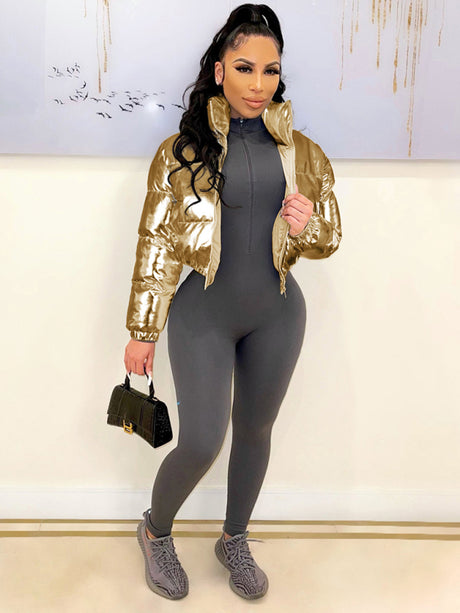 Opulence Emporion Glamour Glaze: Chic Metallic Shine Puffer Jacket