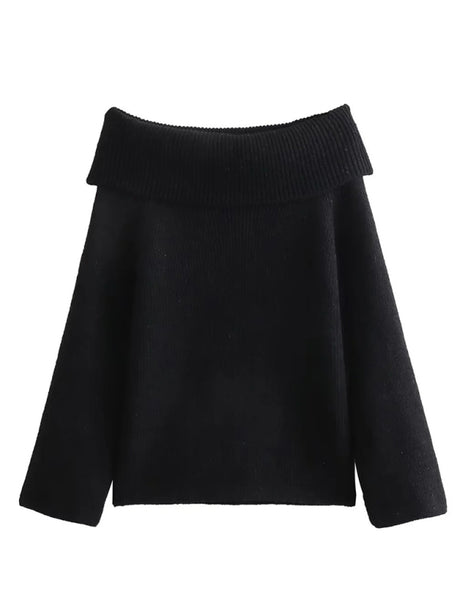 New women's one-line collar solid color knitted sweater