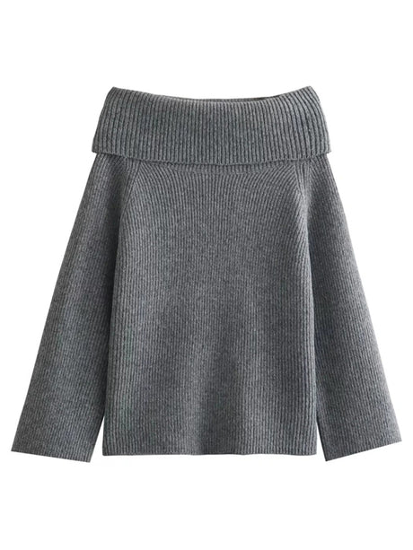 New women's one-line collar solid color knitted sweater