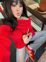 New women's one-line collar solid color knitted sweater