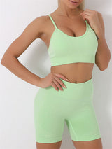 Women's Solid Color Seamless Camisole Yoga Sports Bra + Shorts Two-Piece Set