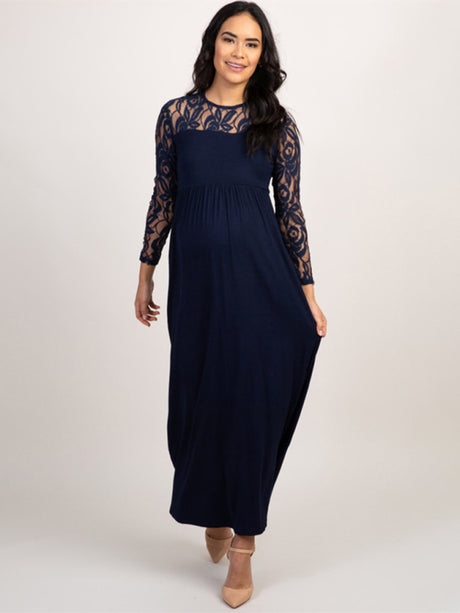 Women’s Lace Adorned Neckline And Long Sleeves Maxi Maternity Dress