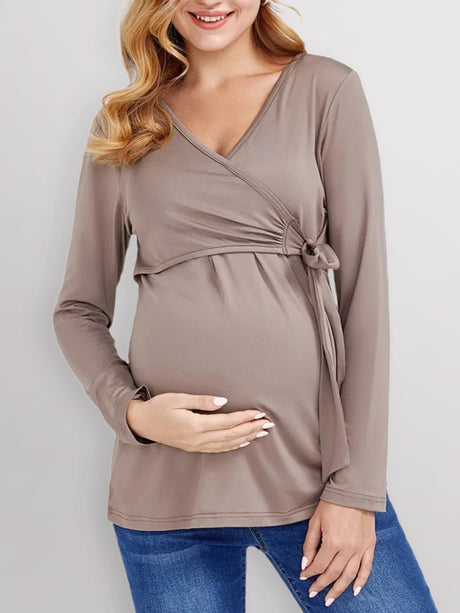 Women’s Chest Wrap Tie Maternity Nursing Blouse With Long Sleeves