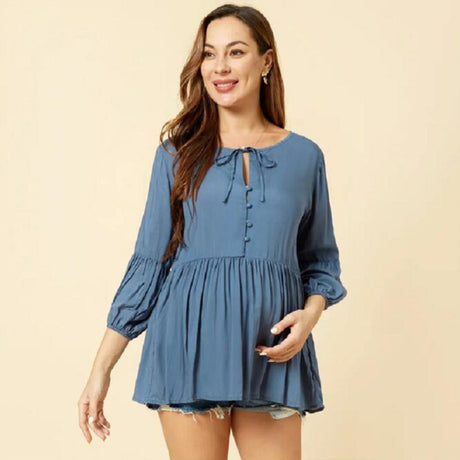 Women's Casual Round Neck Cropped Sleeves Pleated Maternity Blouse