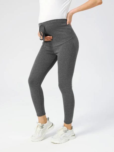 Maternity solid color drawstring tummy support casual leggings