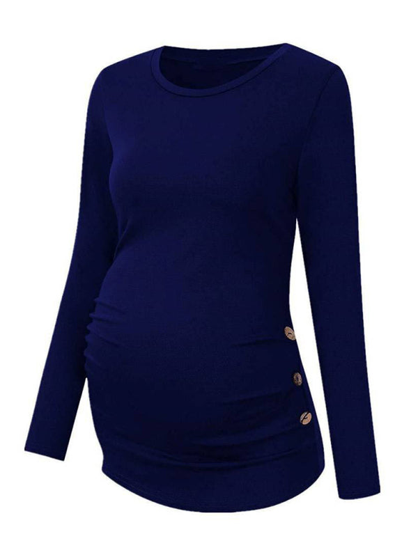 Maternity round neck button long sleeve pleated T-shirt