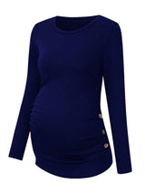 Maternity round neck button long sleeve pleated T-shirt