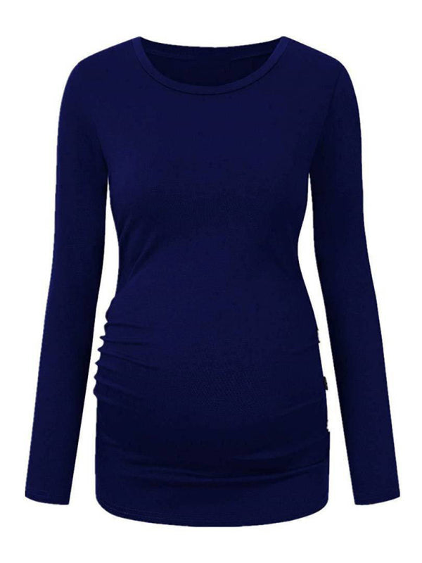Maternity round neck button long sleeve pleated T-shirt