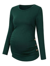 Maternity round neck button long sleeve pleated T-shirt