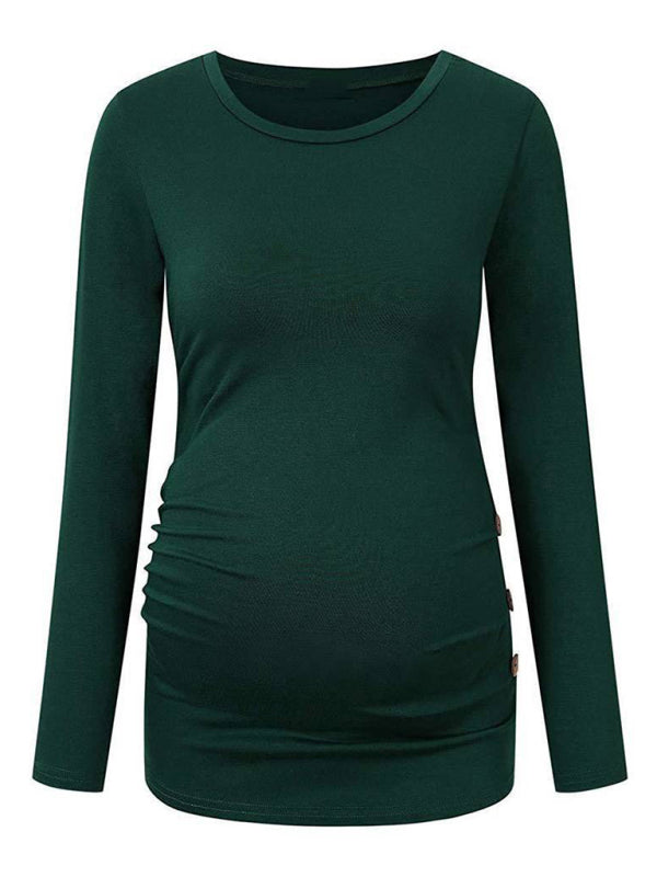 Maternity round neck button long sleeve pleated T-shirt