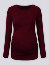 Maternity round neck button long sleeve pleated T-shirt