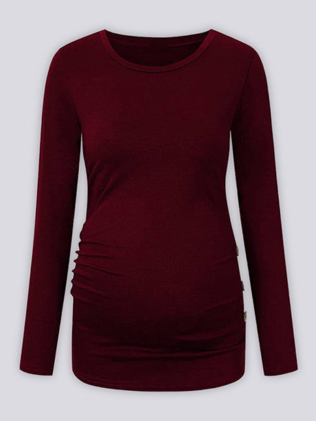 Maternity round neck button long sleeve pleated T-shirt
