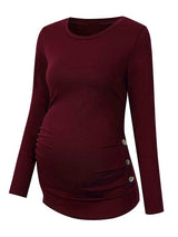 Maternity round neck button long sleeve pleated T-shirt