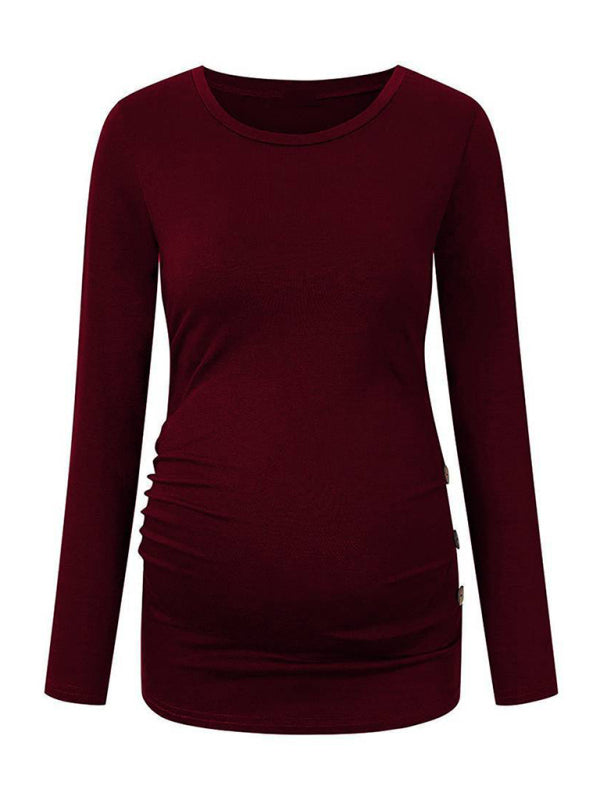 Maternity round neck button long sleeve pleated T-shirt
