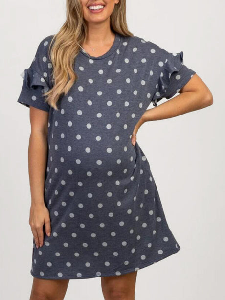 Maternity Knit Round Neck Polka Dot Ruffle Short Sleeve Dress