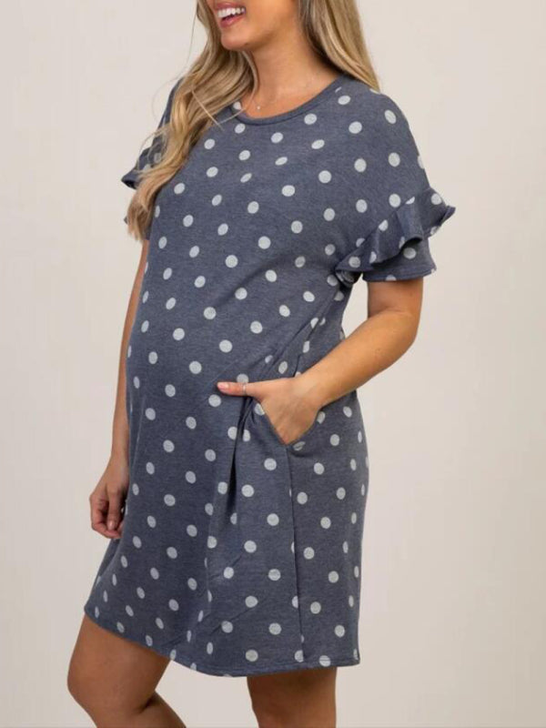 Maternity Knit Round Neck Polka Dot Ruffle Short Sleeve Dress