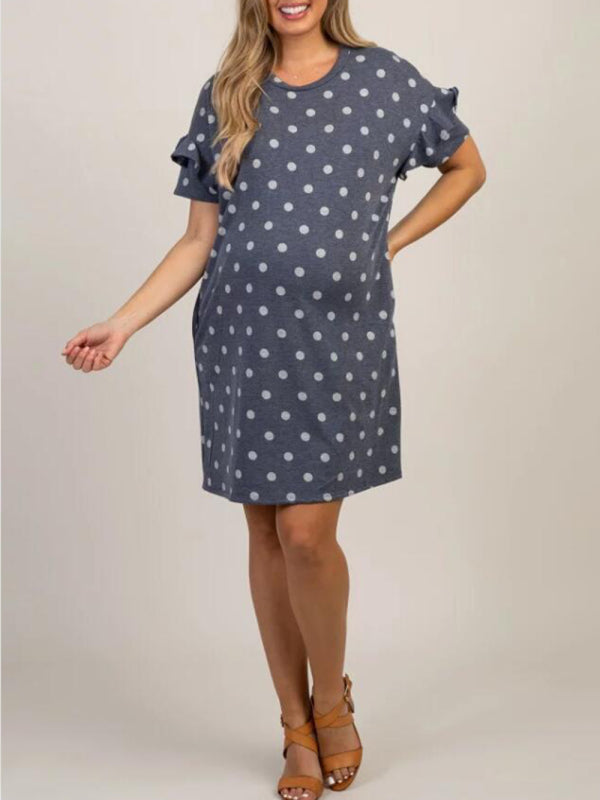 Maternity Knit Round Neck Polka Dot Ruffle Short Sleeve Dress
