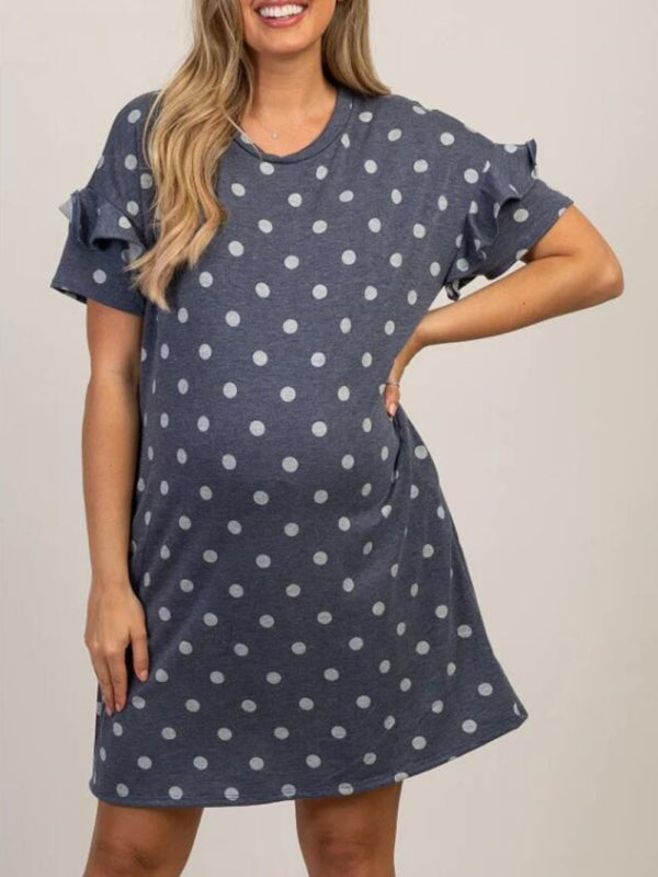 Maternity Knit Round Neck Polka Dot Ruffle Short Sleeve Dress