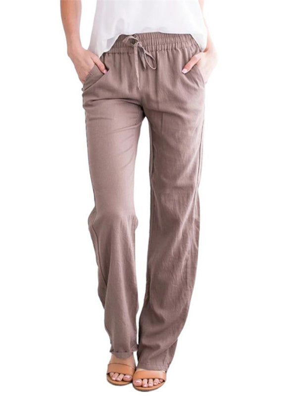 Women's Solid Color Cotton Linen Drawstring Loose Casual Wide Leg Trousers