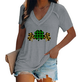 Women's V-neck Graphic Printed Four-leaf Clovers T-shirt